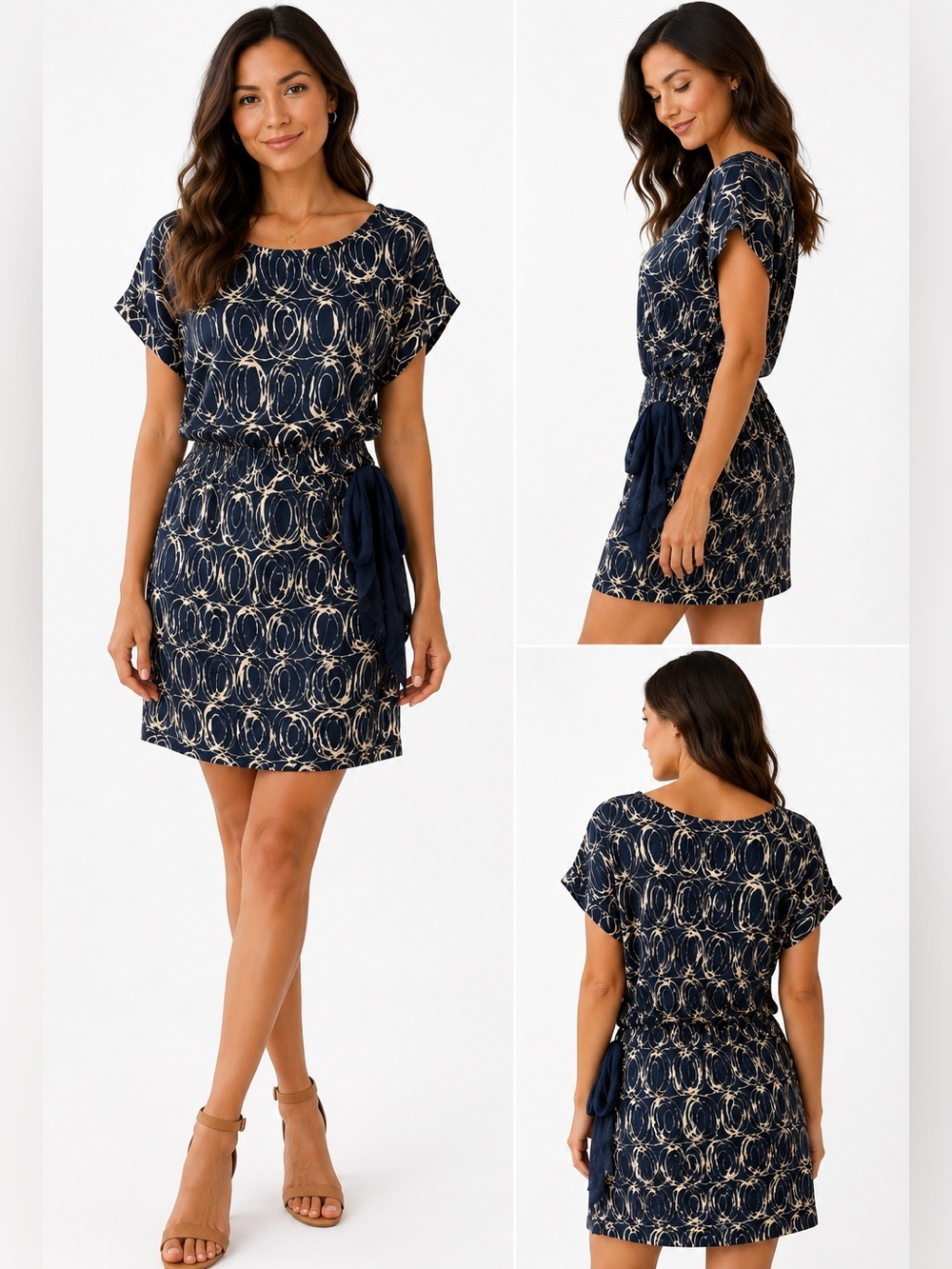 Banana Republic Navy & Cream Abstract Print Cinched Waist Dress Size M